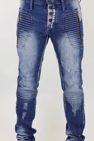 Men’s Fashion Denim Jeans – Button Fly, Washed Blue