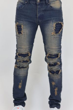 Men’s Slim Fit Distressed Denim Jeans-Dirty Blue Grenner Tone